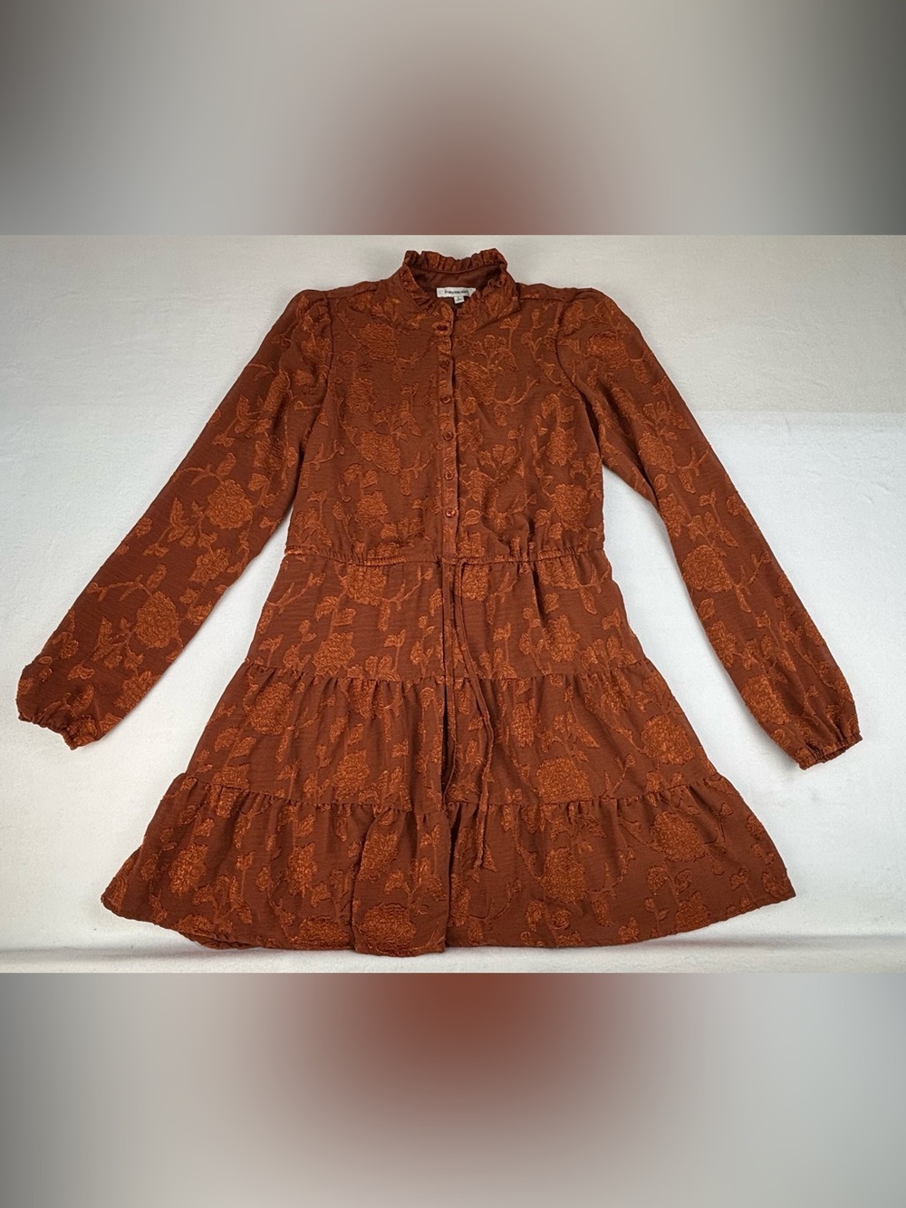 Francesca's Collections Rust Long Sleeve Tiered Button Dress